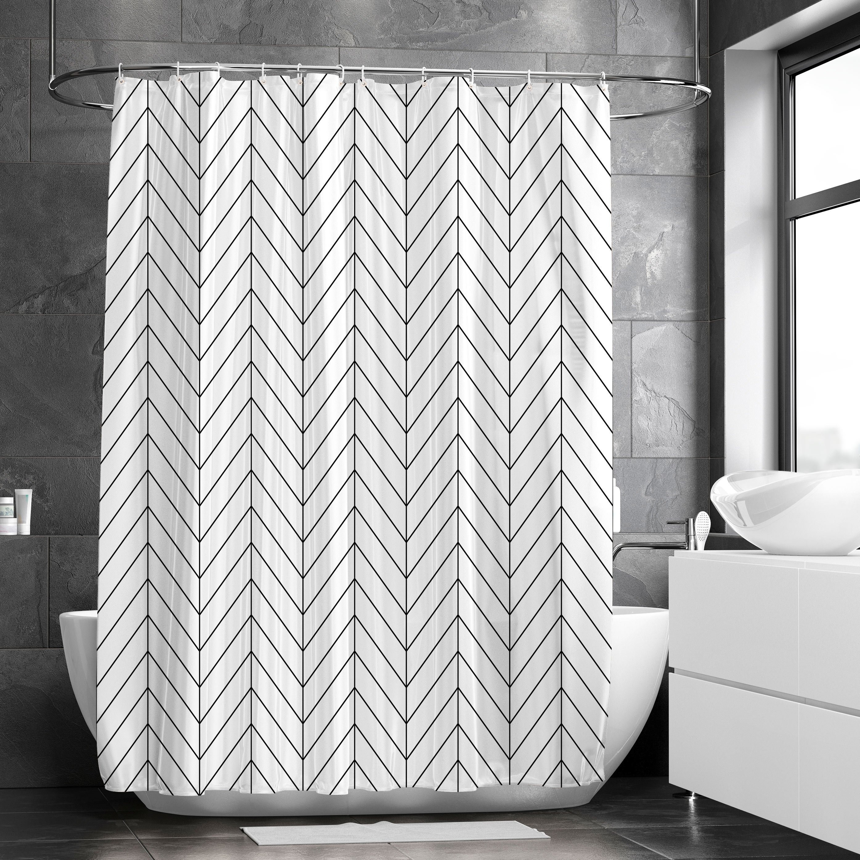 Geometric Lines Black and White Shower Curtain 