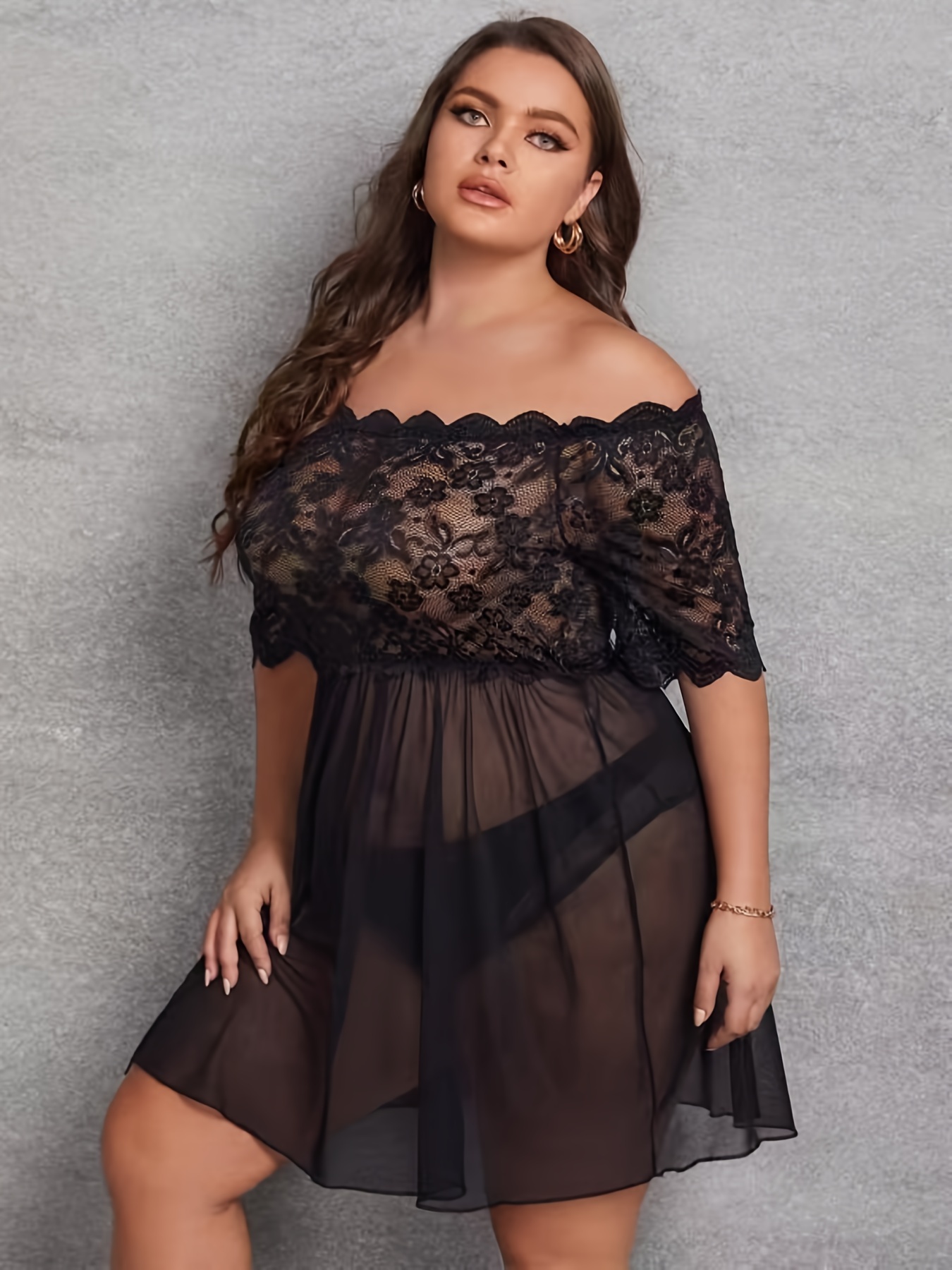 Plus Size Contrast Lace Semi Sheer Sexy Lingerie, Women's Plus Jacquard  High Stretch Sexy Lingerie