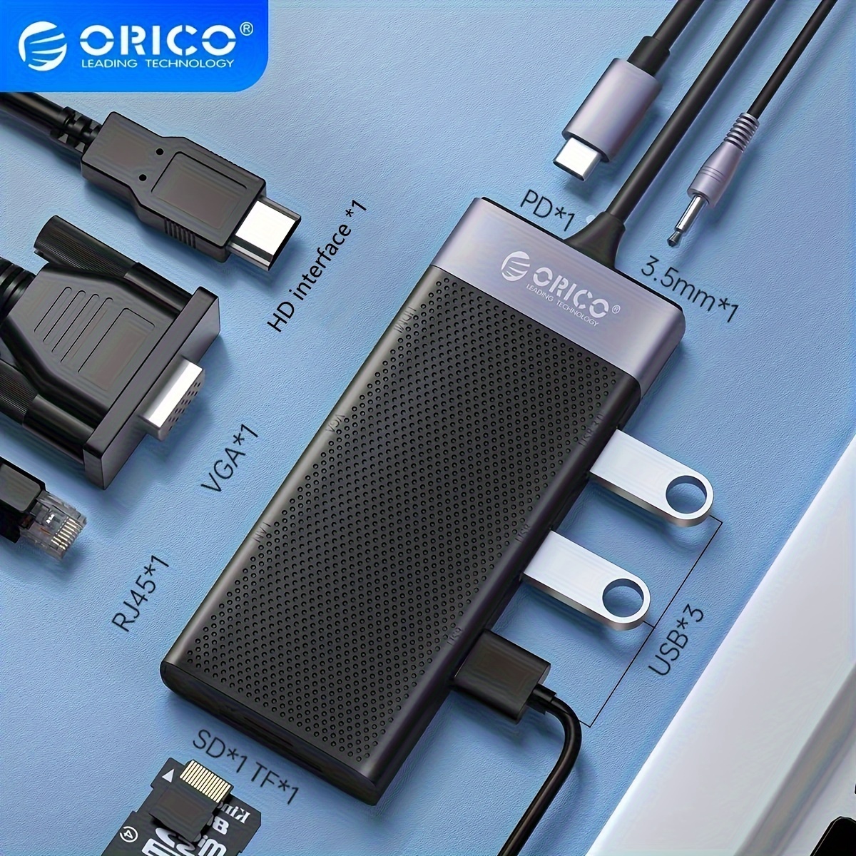 HUB USB Tipo C a HDMI + RJ45 + 3xUSB 3.0 + lector tarjetas + jack + PD