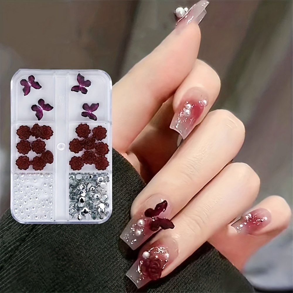 10pcs Rose Flower 3d Nail Decorations Rhinestone