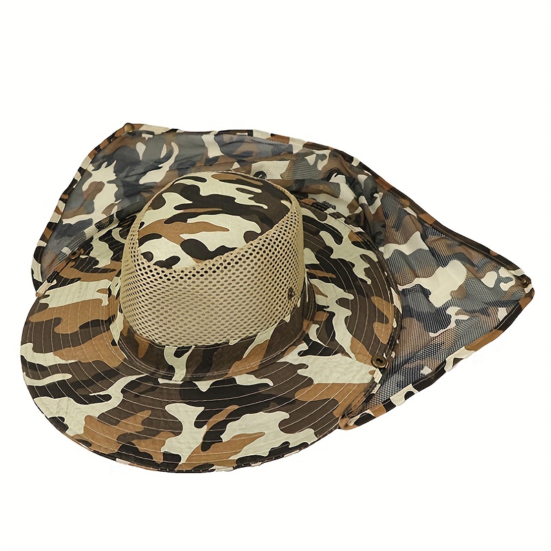 Dark Green Camouflage Print Sun Protection Hat, Men's Women's Mesh Big Brim Beach Hiking Outdoor Summer Fishing Hat