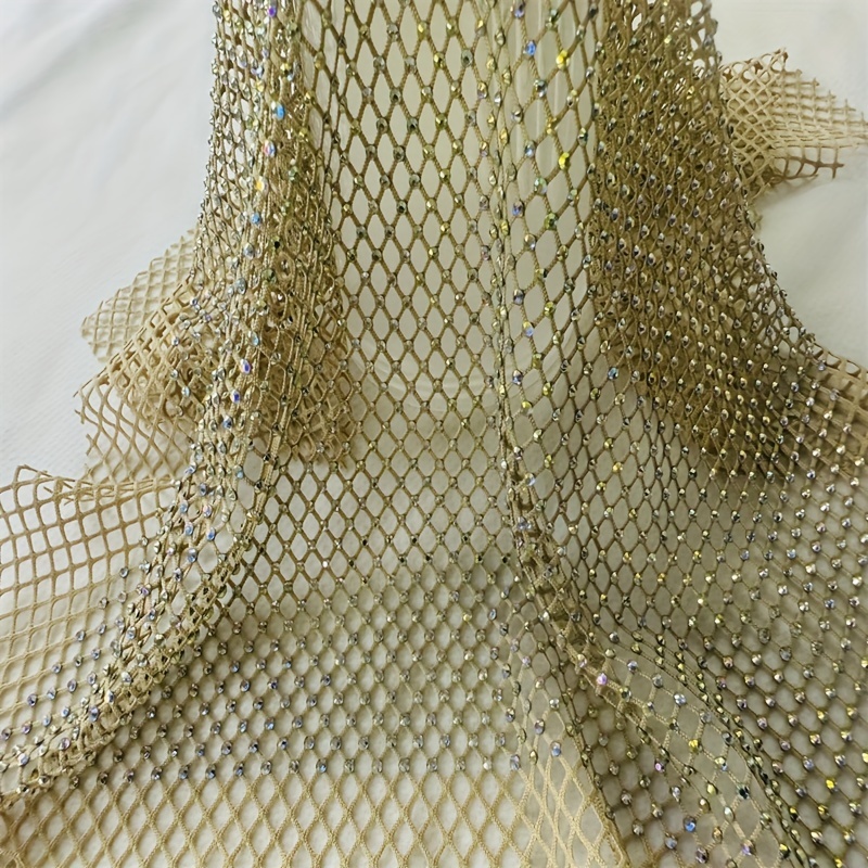 1pc Golden Shadow Glass Fabric Rhinestones Mesh Applique Fabric Sewing  Elastic Crystal Trim Hollow Tape Net For DIY Dress Garment 11.81*11.81inch