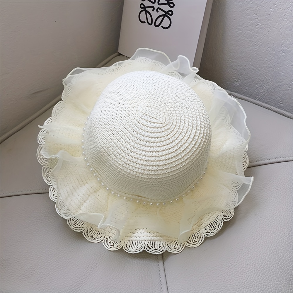 Cheap Girls Straw Hat Versatile Pearl And Lace Decoration