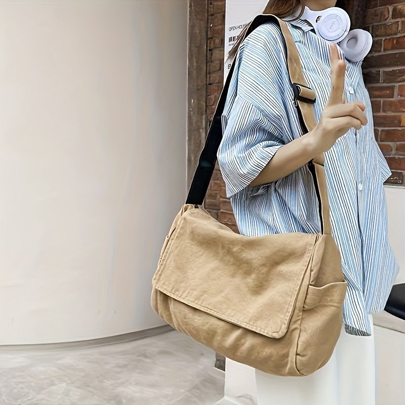 Simple Canvas Messenger Bag, Large Capacity Crossbody Bag, Trendy Student  Flap Shoulder Bag - Temu