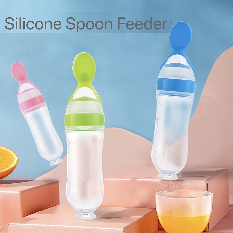 US Baby Silicone Squeeze Feeding Bottle w/Spoon Food Self-stand Feeder  3oz/90ML