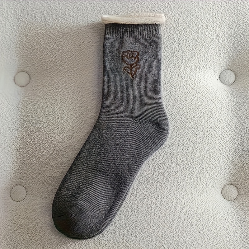 5 Pairs Winter Floral Pattern Warm Mid-calf Socks
