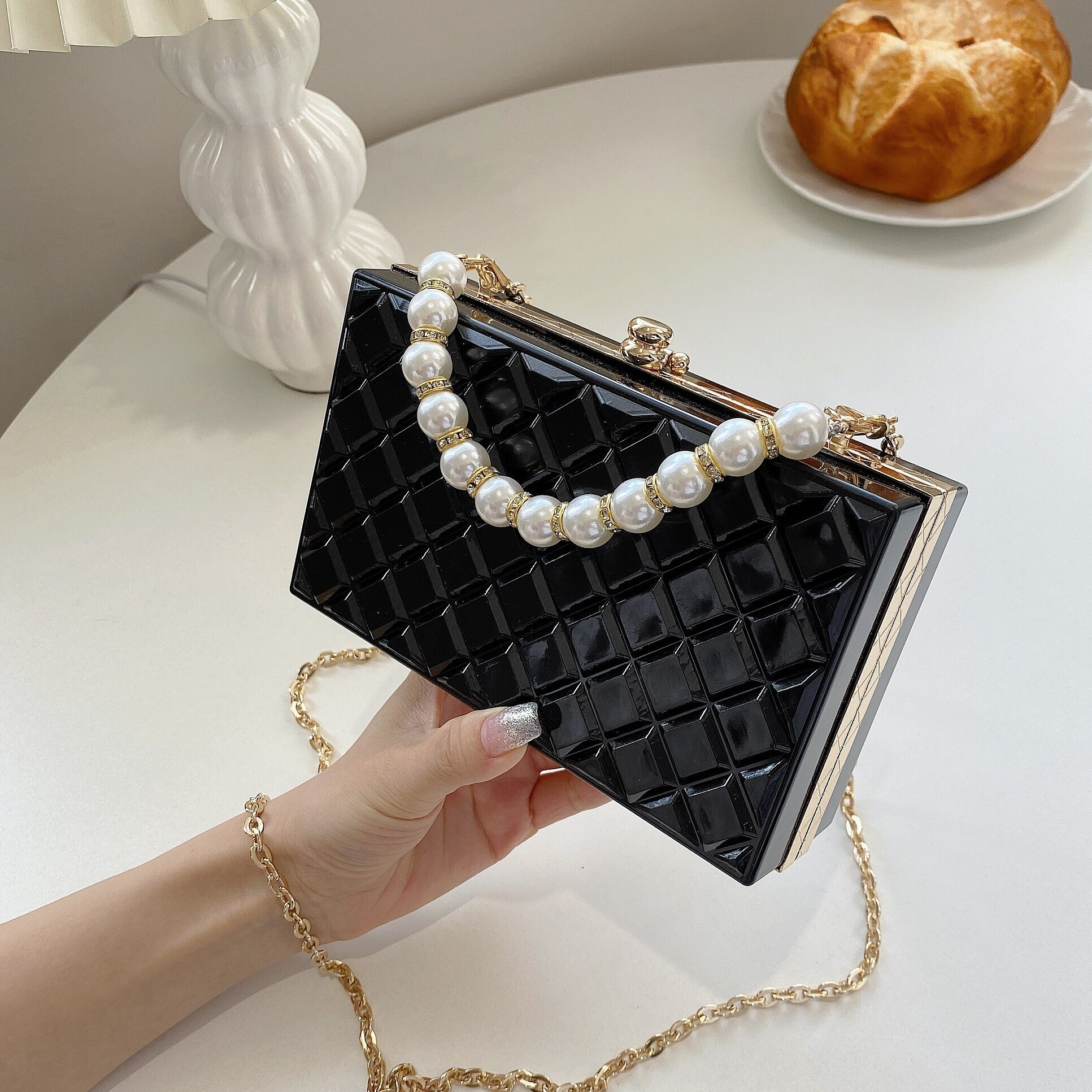 Mini Faux Pearl Decor Clear Box Bag, Trendy Argyle Embossed Acrylic Handbag,  Chain Crossbody Bag (6.92*4.15*1.98) Inch - Temu