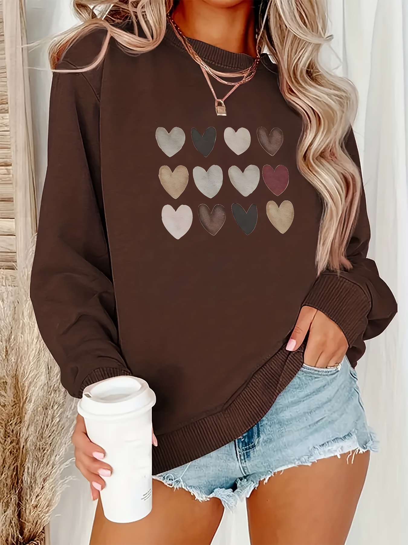 JWZUY Blusas De Mujer Crewneck Sweatshirt Women Heart Print