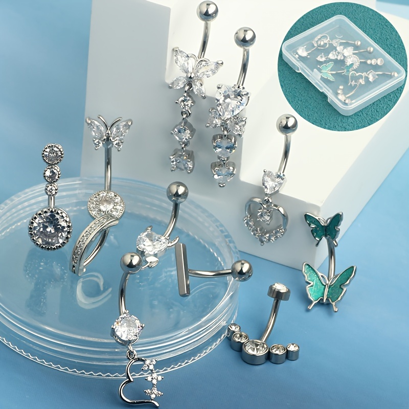 TEMU 11pcs 14g Belly Button Rings Steel Long Dangle Ring Cz Body Piercing Jewelry With Gift Box