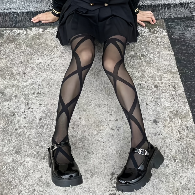 Sexy Black Lace Cross Bandage Tights Thin Breathable - Temu