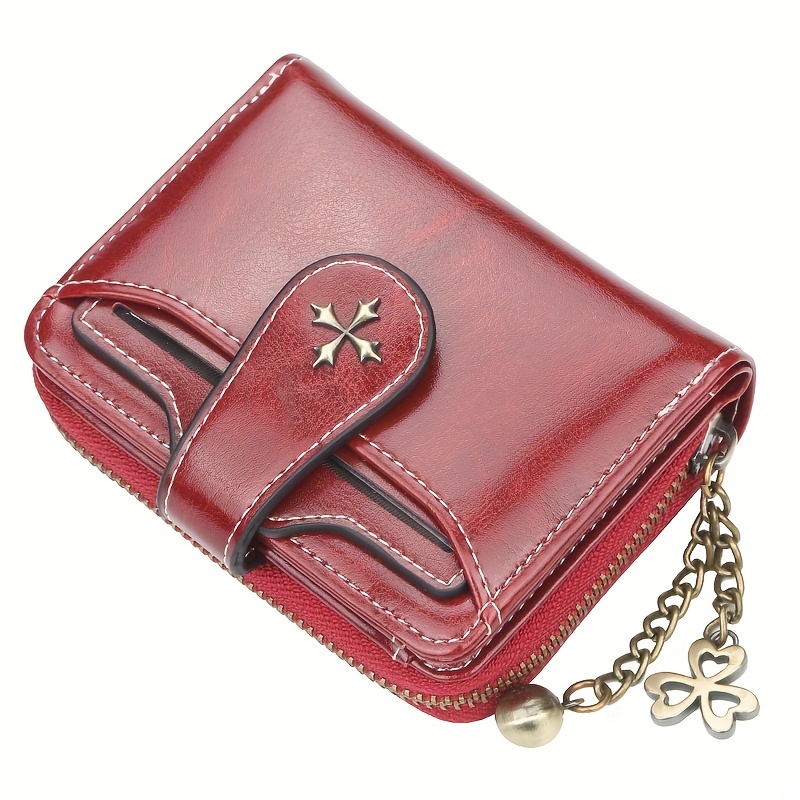 

Cross Clover Zipper Mini Wallet, Pu Leather Solid Color Mini Purse, Card Organizer Coin Pocket Clutch Bag