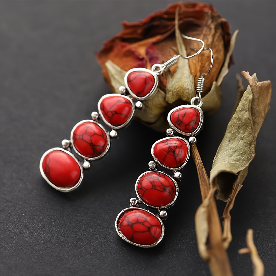 Image of A Pair Of Synthetic Turquoise Candied Hawthorn Earrings With A Chinese Style. Ethnic Silvery Plated Earrings For Couples. A Gift For Valentine's Day Gatherings And Vacations