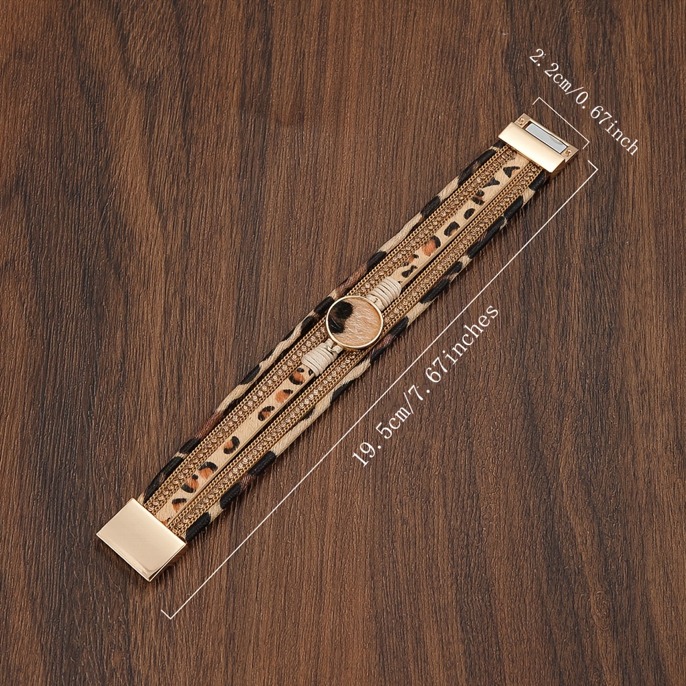 Multilayer Braided Leopard Print Magnetic Button Leather Bracelet