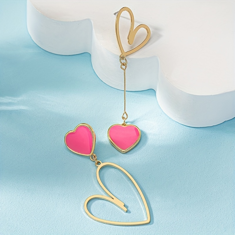 Double Heart Asymmetric Dangle Earrings Alloy Jewelry Gift