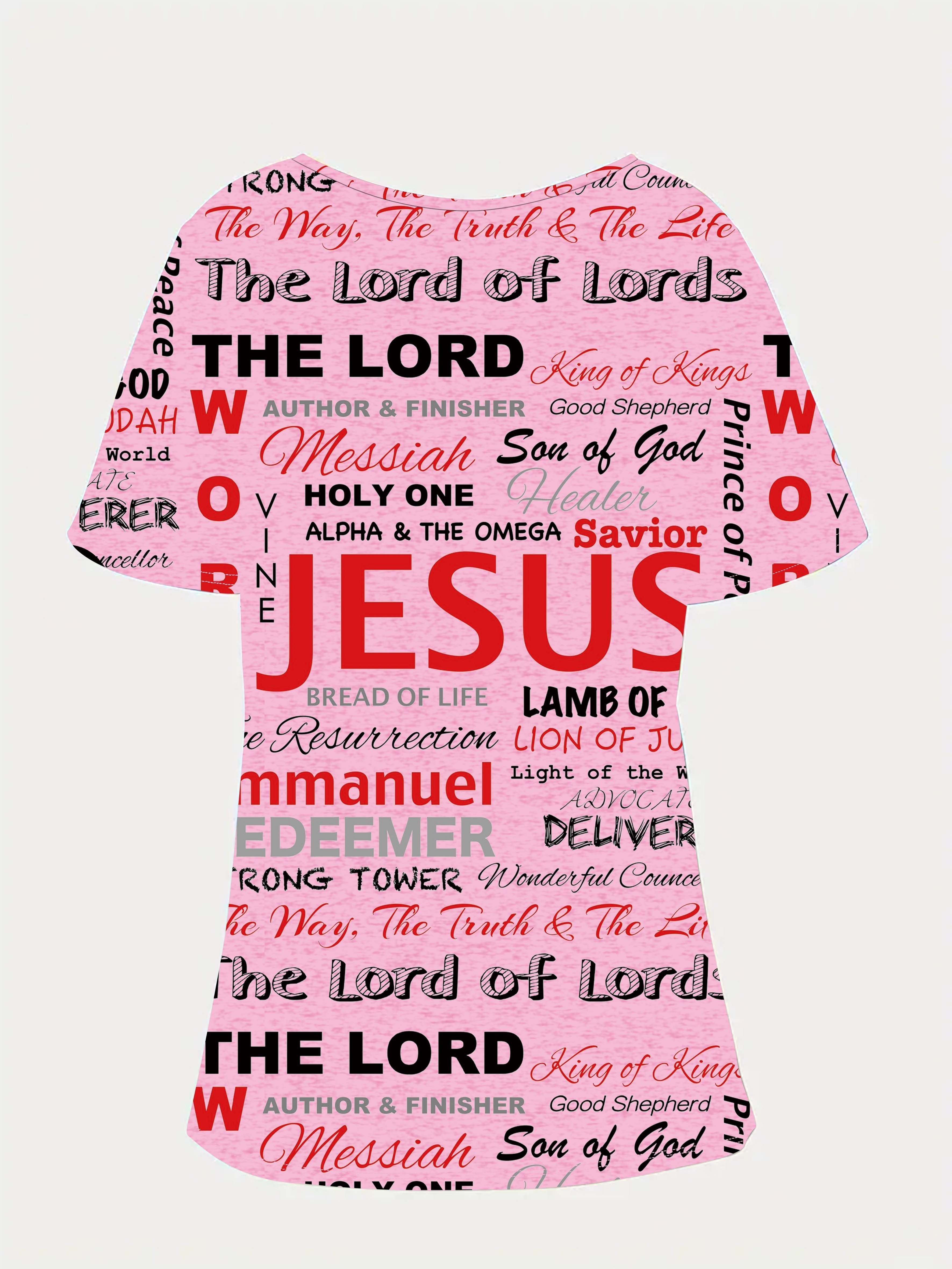 Jesus Letter Full Print T-shirt, Casual V Neck Short Sleeve T