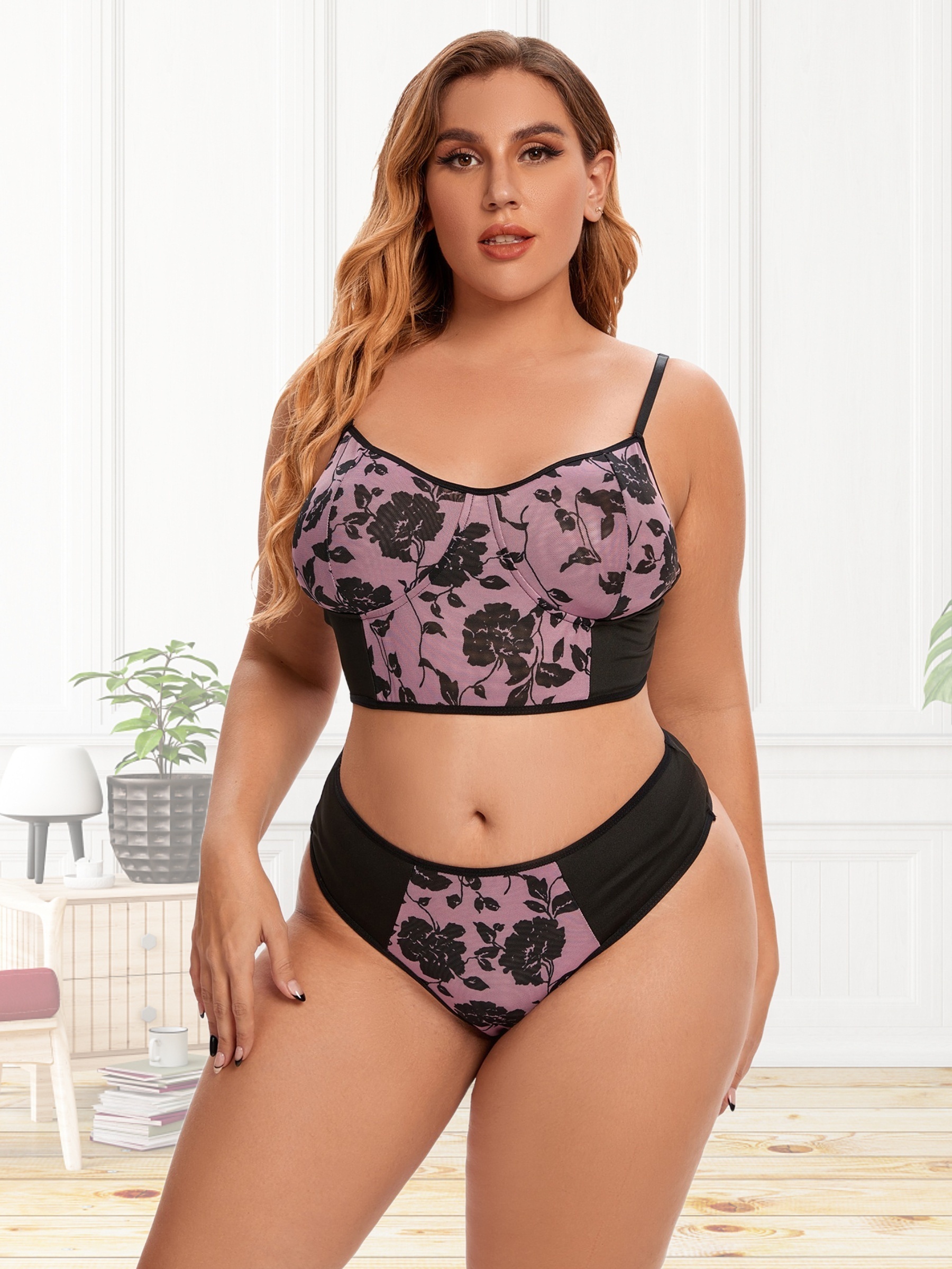 Plus Size Sexy Lingerie Set Women's Plus Floral Embroidered - Temu
