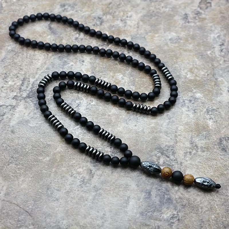 

1pc Black Matte Stone Beads Necklace, Black Hematite Old Man Head Shape Pendant Necklace For Men