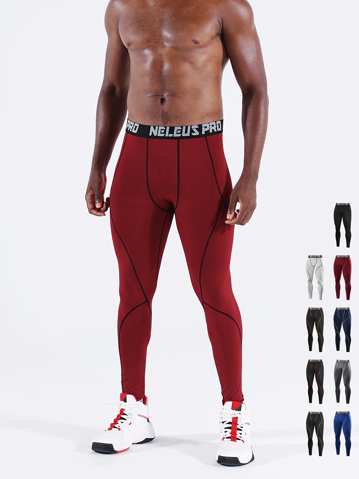 GANYANR Running Tights Men Sports Legging Fitness Yoga Basketball Compression  Athletic Long Bodybuilding Gym Jogging Pants Skins Color: Red, Size: M