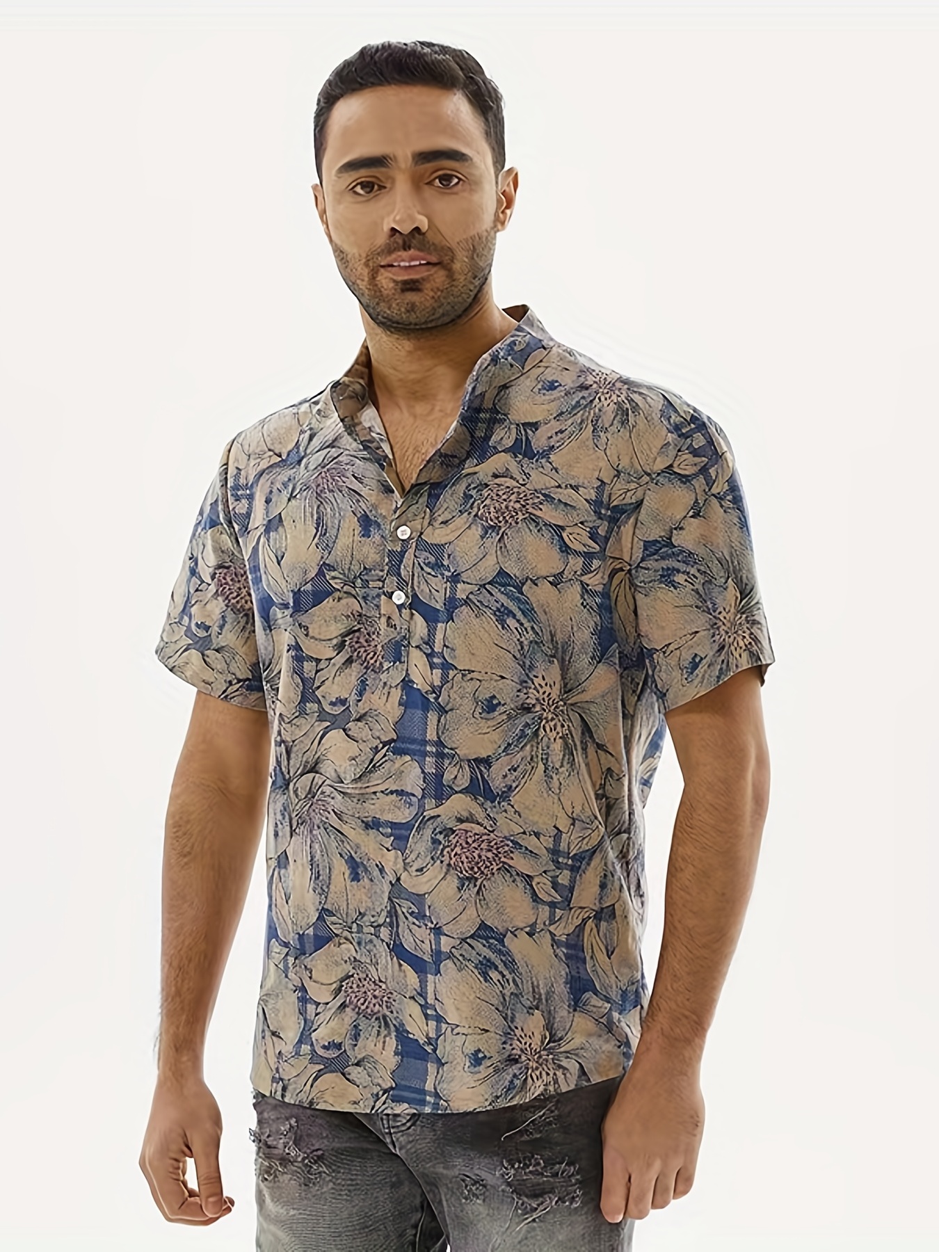 floral print short sleeve henley shirt, men's casual cotton and linen blend stand collar short sleeve henley shirt for summer holiday navy blue 2