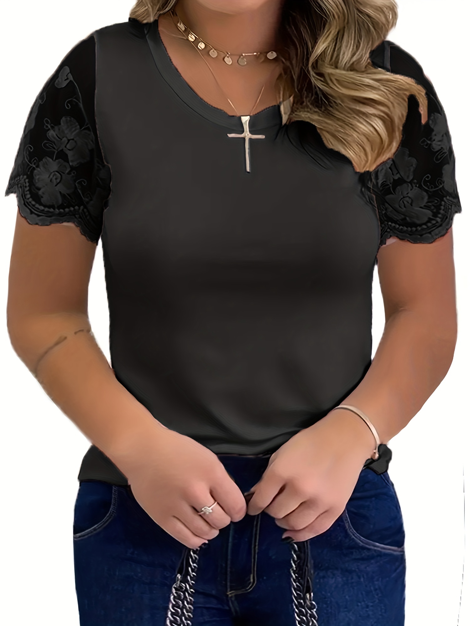 Black Lace Top Short Sleeve Slightly Stretch