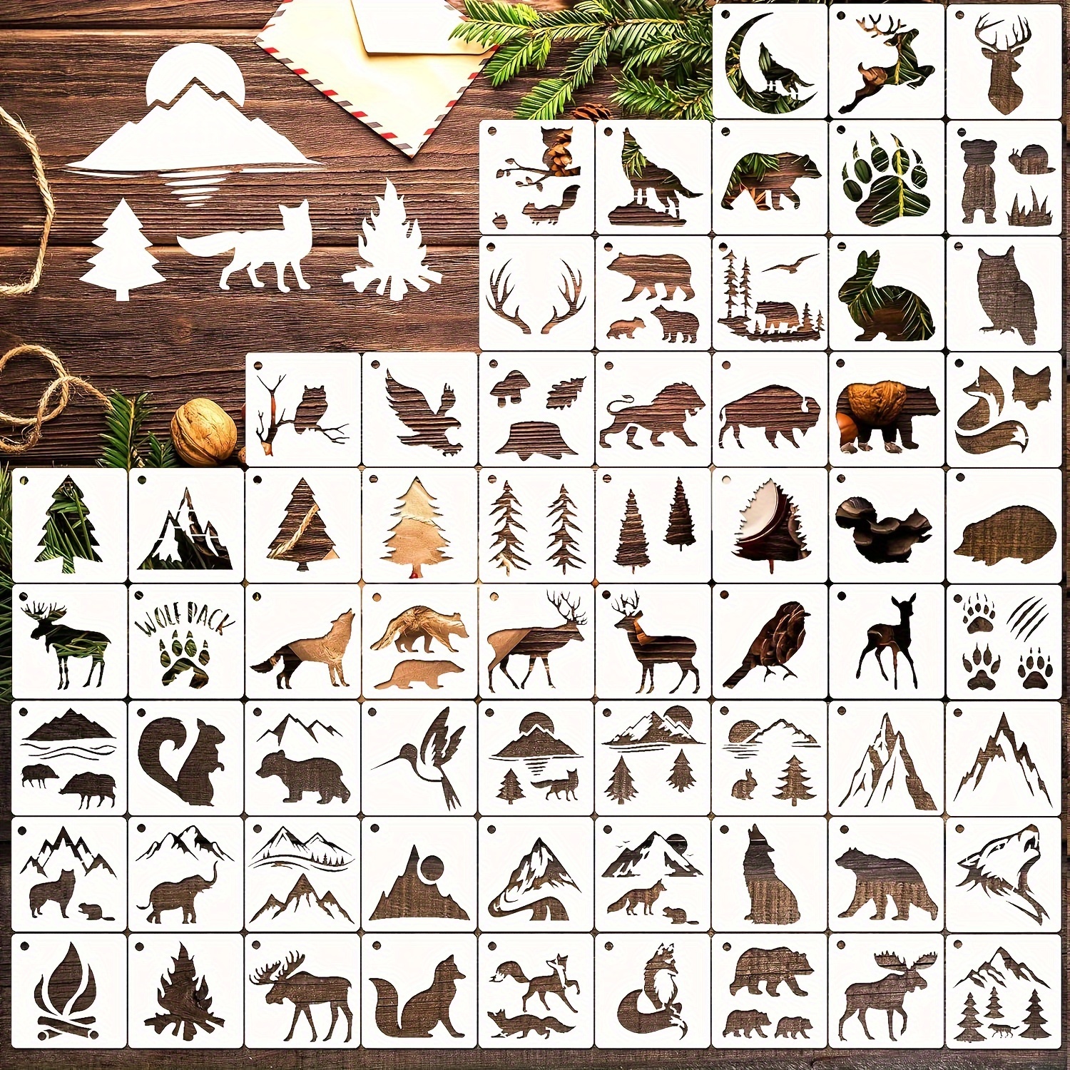 

65pcs Animal Stencils For Painting, Small Reusable Deer Bear Stencil Template Tree Hummingbird Mountain Diy Craft Paint Stencils For Painting On Wood Wall Card Rock Decor (wildlife)