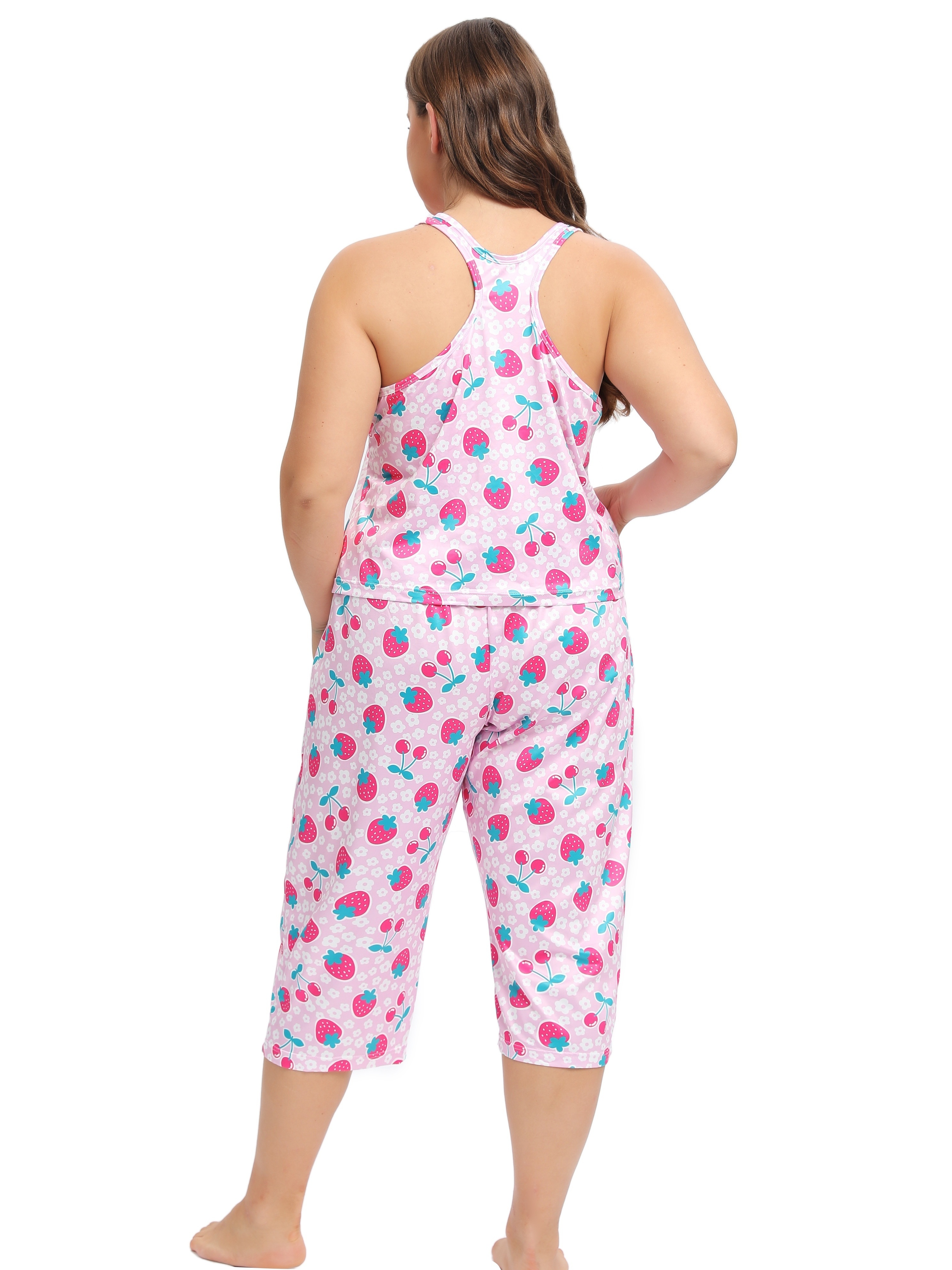 Plus Size Cute Pajama Set, Women's Plus Strawberry & Flower Print Short  Sleeve Round Neck Top & Pants Loungewear Two Piece Set