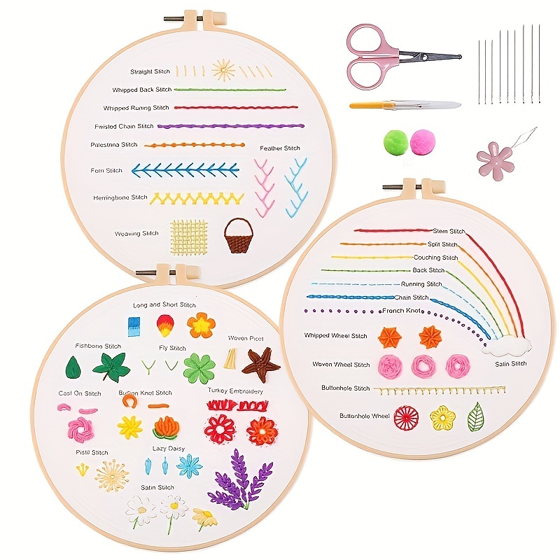 Yarniss Kit de bordado para principiantes con patrones estampados, kit de  iniciación de bordado de 3 piezas con instrucciones y tutorial (idioma
