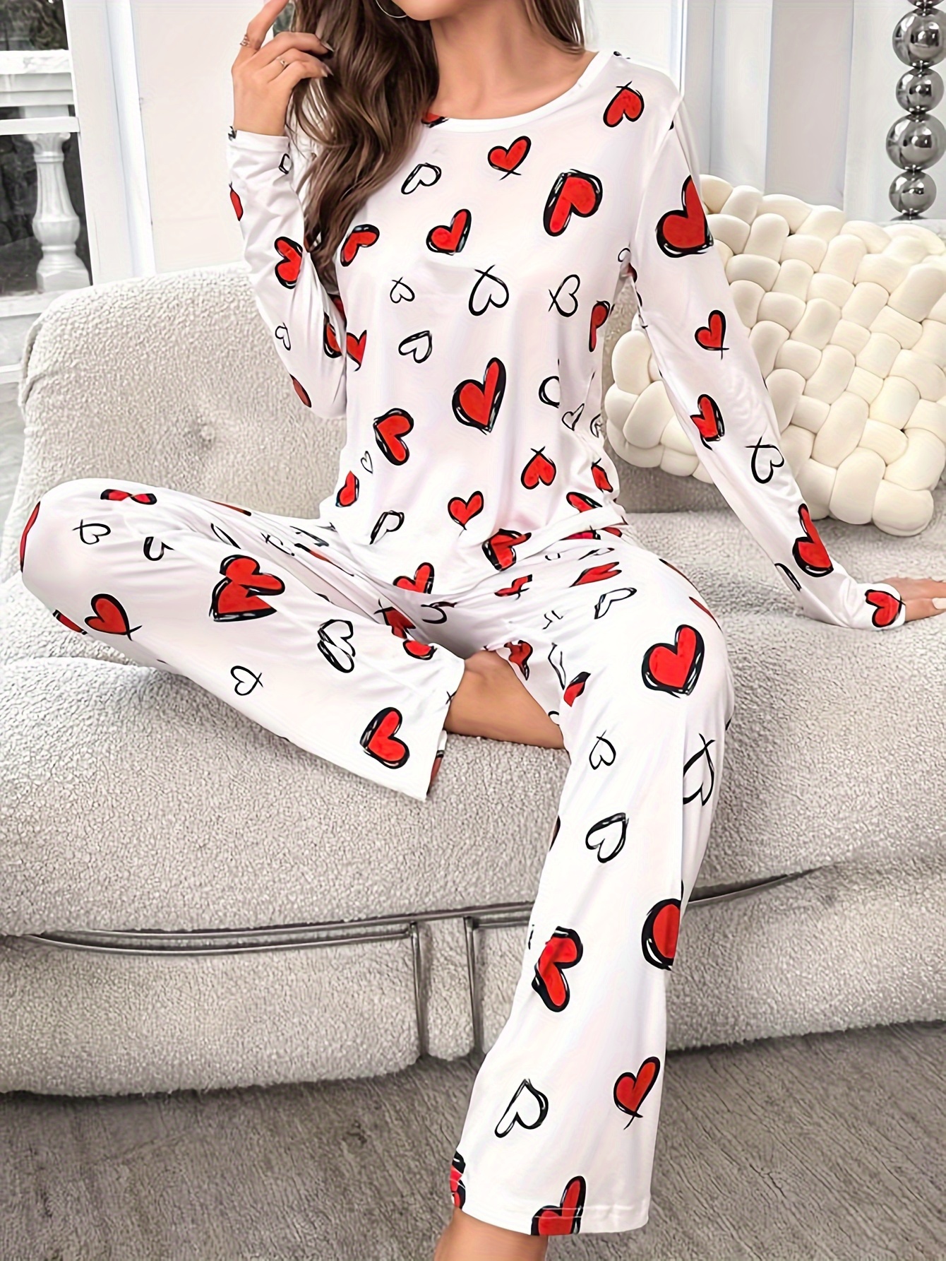 Casual Heart Print Fleece Pajama Set, Long Sleeve Crew Neck Top & Elastic  Pants For Valentine's Day, Women's Sleepwear & Loungewear
