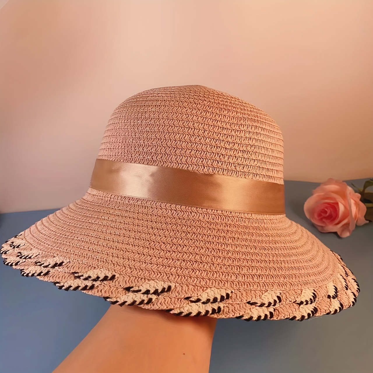 Summer Straw Hat With Faux Pearl Bow Decor, Women's Elegant Sun Hat, Wide Brim Sun Protection Beach Fisherman Hat, For Vacation