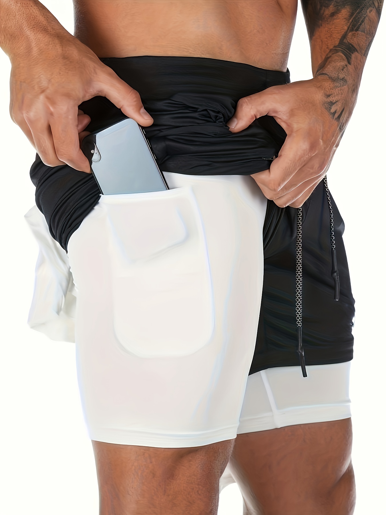 Men's Two Layers Gym Running Shorts With Pockets, Active Quick Dry Mid Stretch Breathable Durable Drawstring Workout Shorts For Summer Outdoor