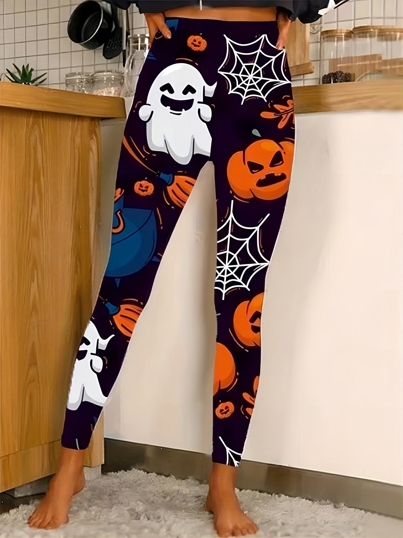 Halloween Spider Pumpkin Print Yoga Breathable Sports Leggings, Quick  Drying Tummy Control High Waist Workout Stretch Tight Pants, Women's  Activewear