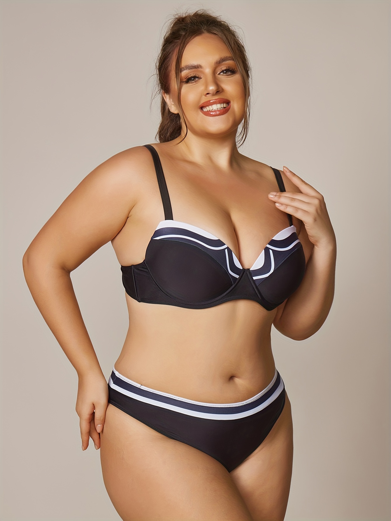 Plus Size Sexy Bikini Set Women's Plus Striped Trim Push Bra - Temu