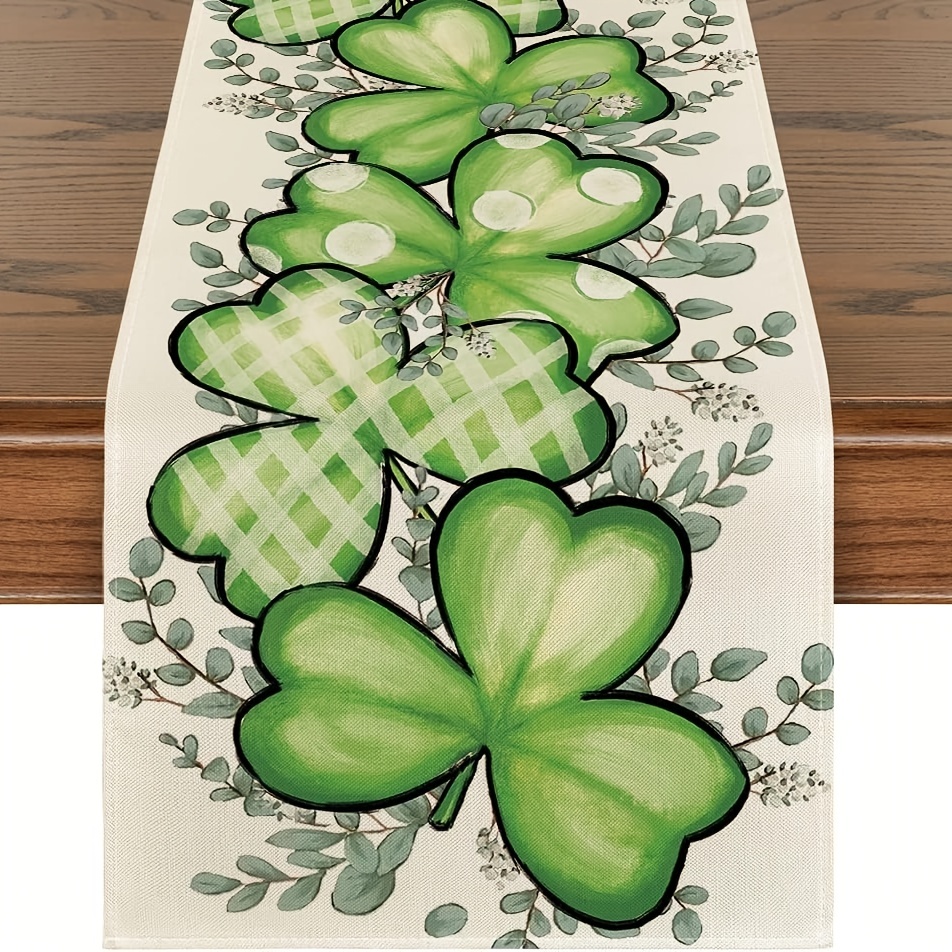 

1pc, Linen Table Runner, Shamrocks Eucalyptus Table Runner, Heart Shamrock 's Day Table Runner, Seasonal Spring Dining Table Decoration For Indoor Outdoor Home Party Decor