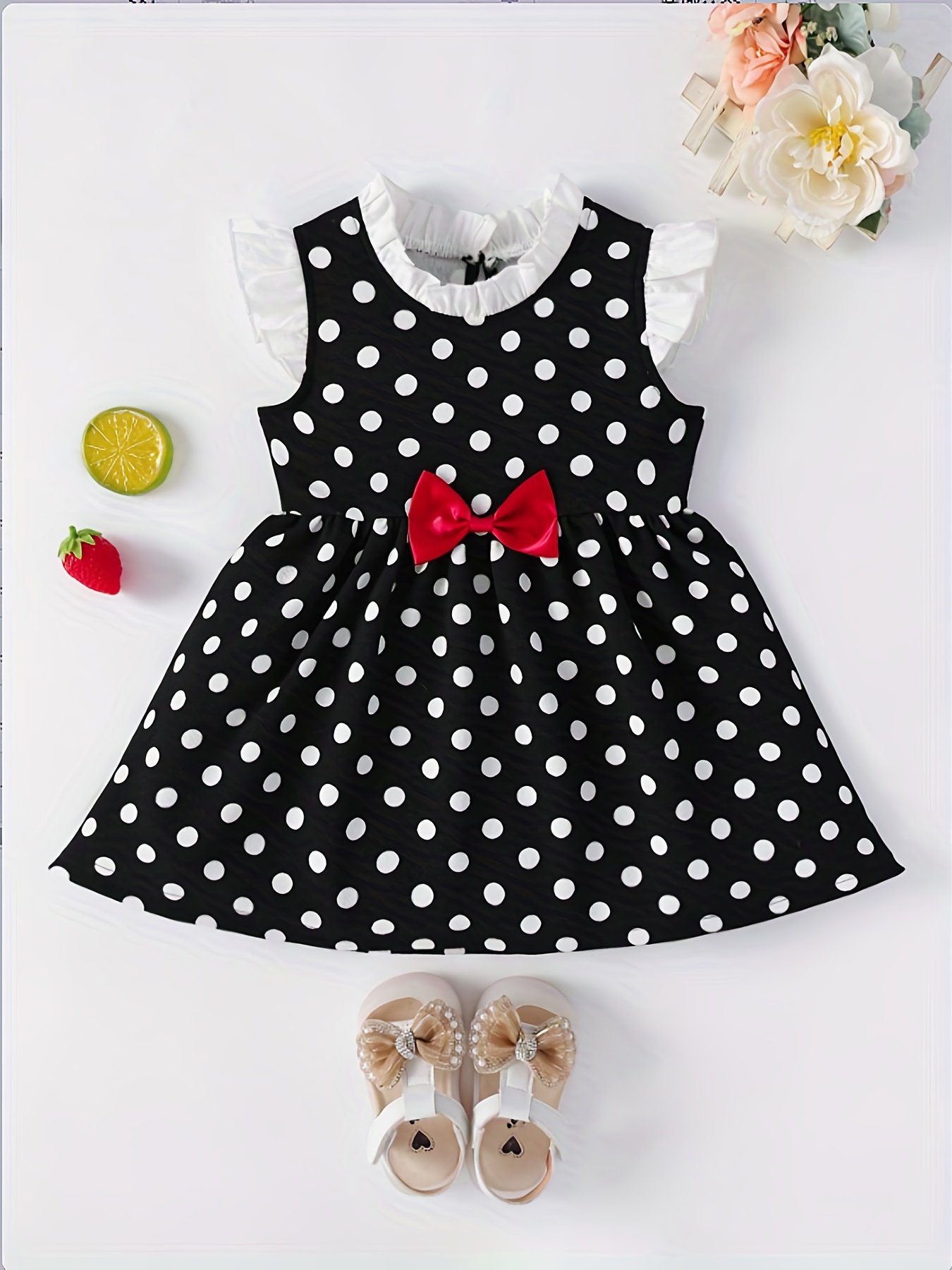 Baby Girls Polka Dot Cami Dress & Hat Bow Knot Sleeveless Princess Dress  Cute Kids Clothes