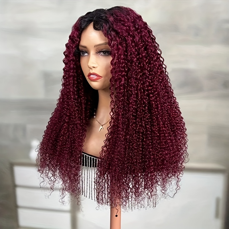 Magenta Ombre With Dark Roots Curly V Part Wig No Leave Out Upgrade U Part Wigs Afro V Shape Human Hair Wig With Clips No Sew In 150