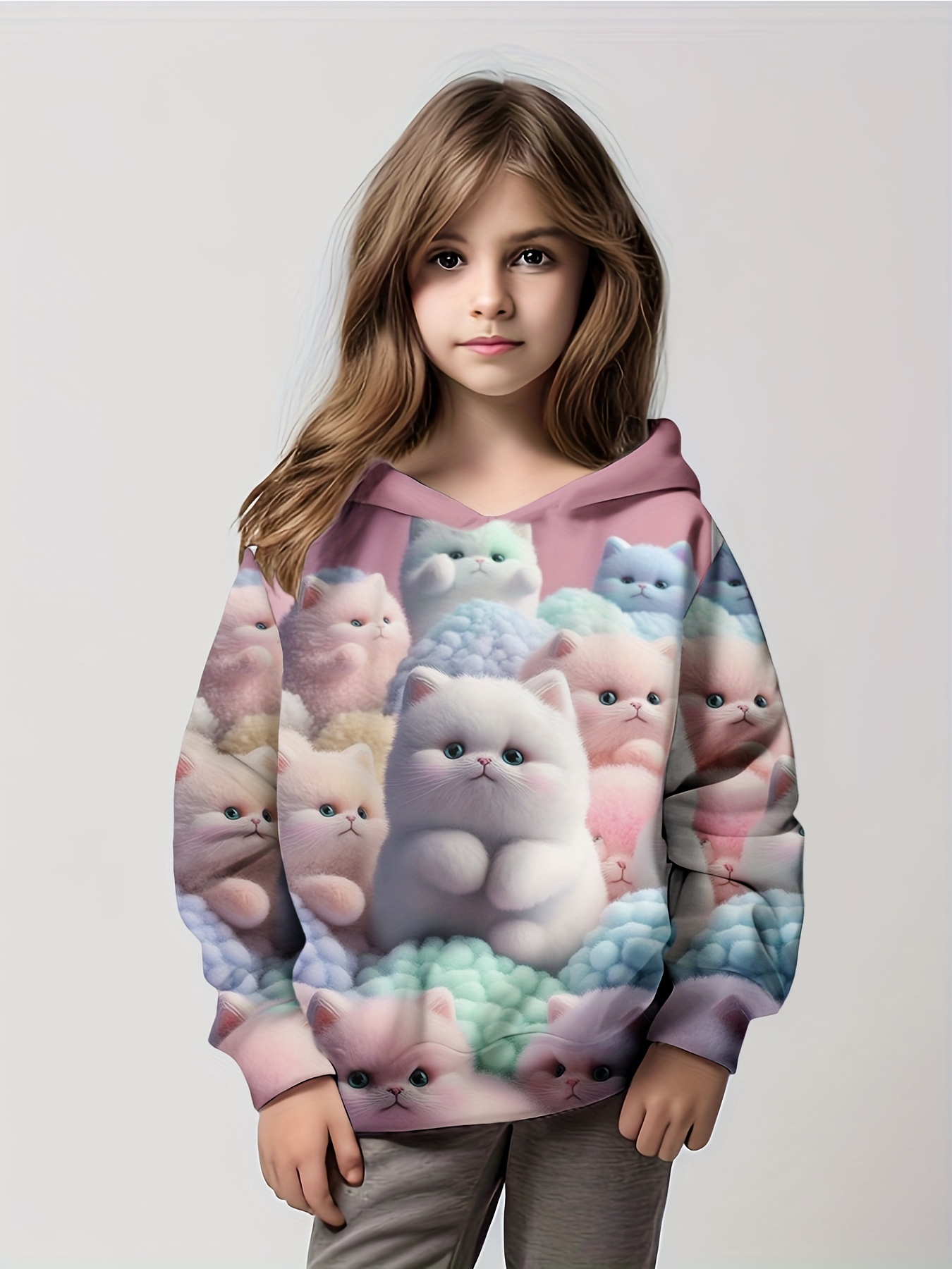 Adorable Kitten Graphic Long Sleeve Hoodies Girls Cute - Temu Canada