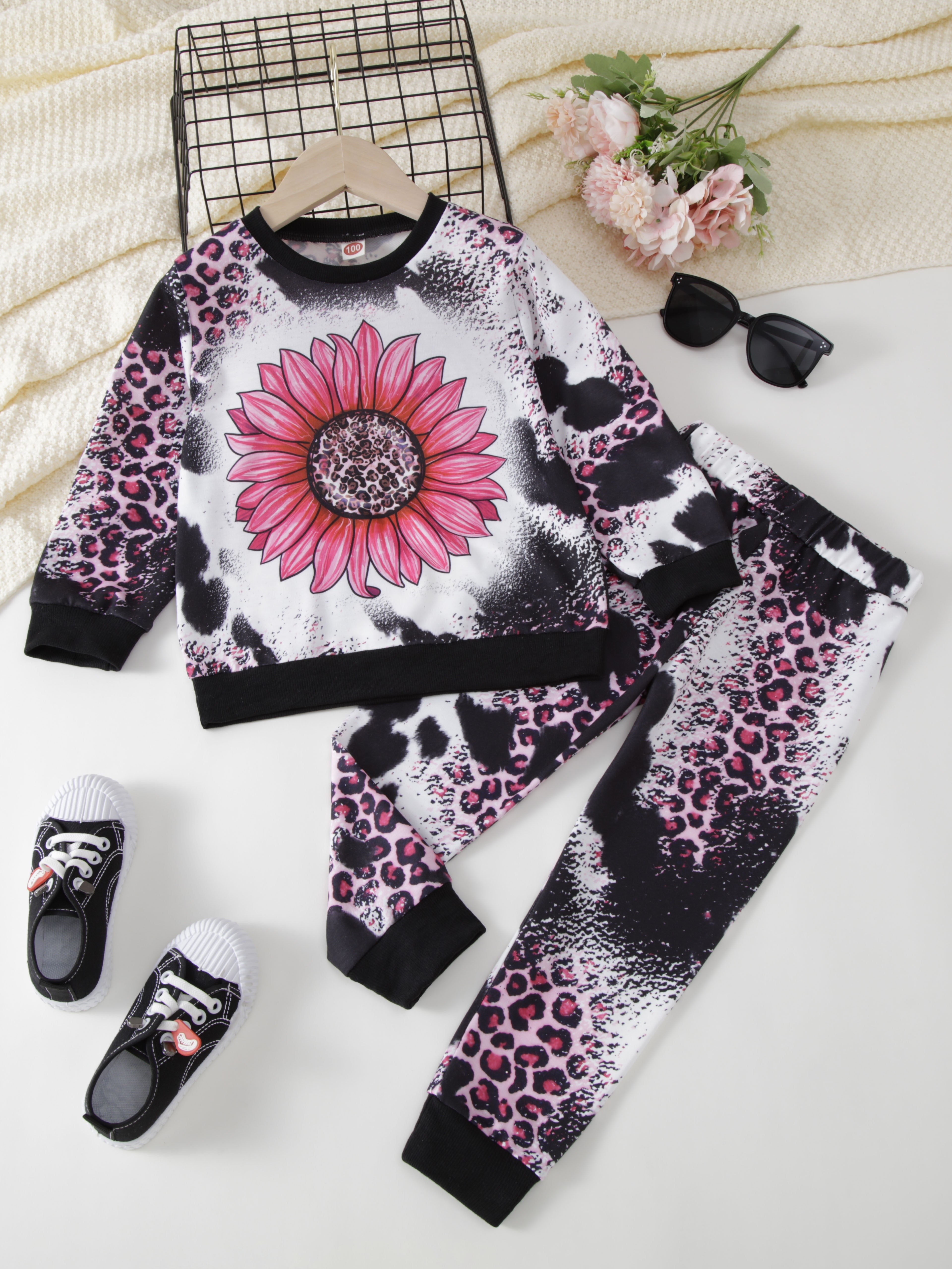 Sunflower Pattern Girl's Long Sleeve Top Leggings Set Trendy - Temu Canada