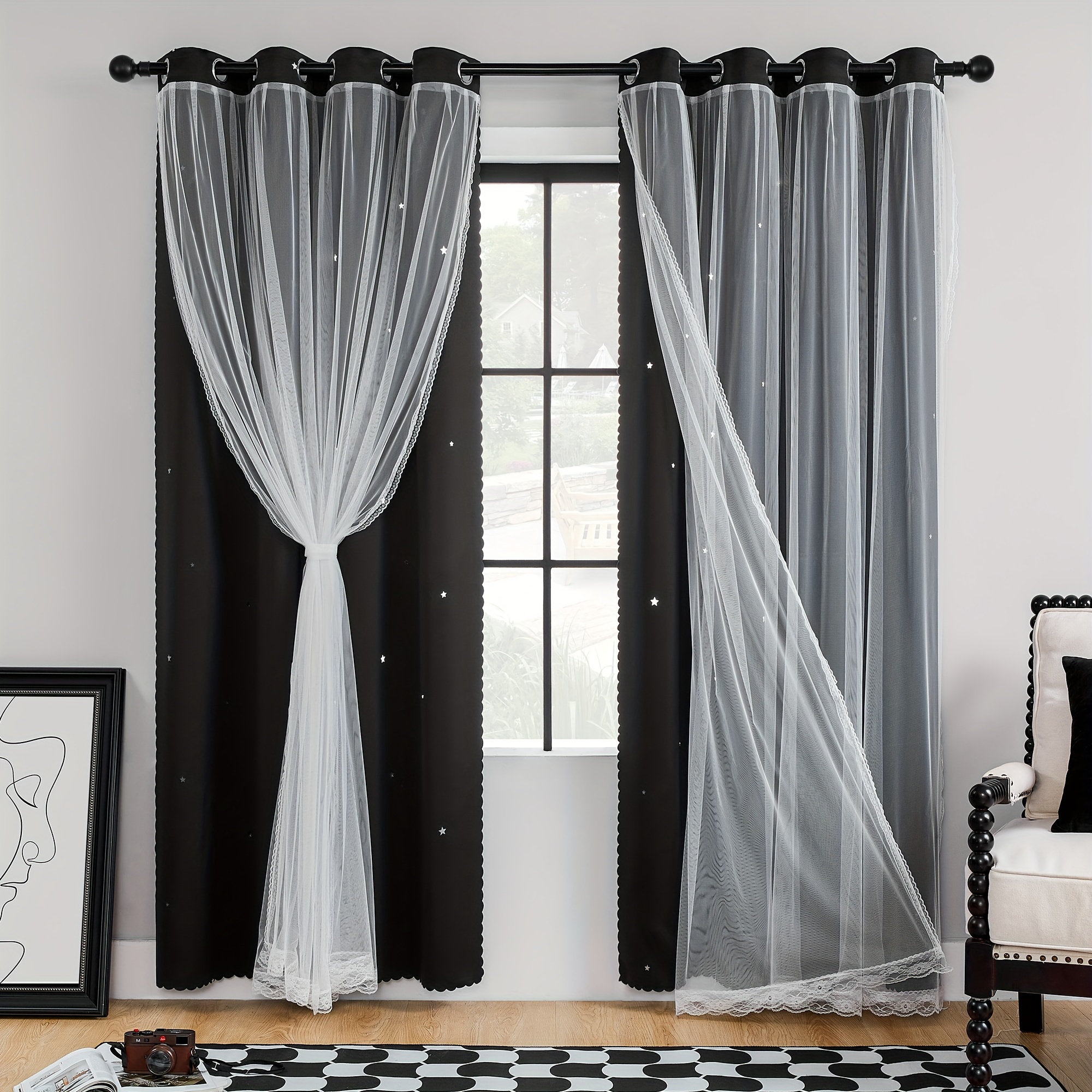 Blackout Curtains Double Layer Window Curtain,Elegant lace Embroidery Sheer  Curtain & Opaque Shading Curtain,Living Room Layered Solid Eyelet Drapes