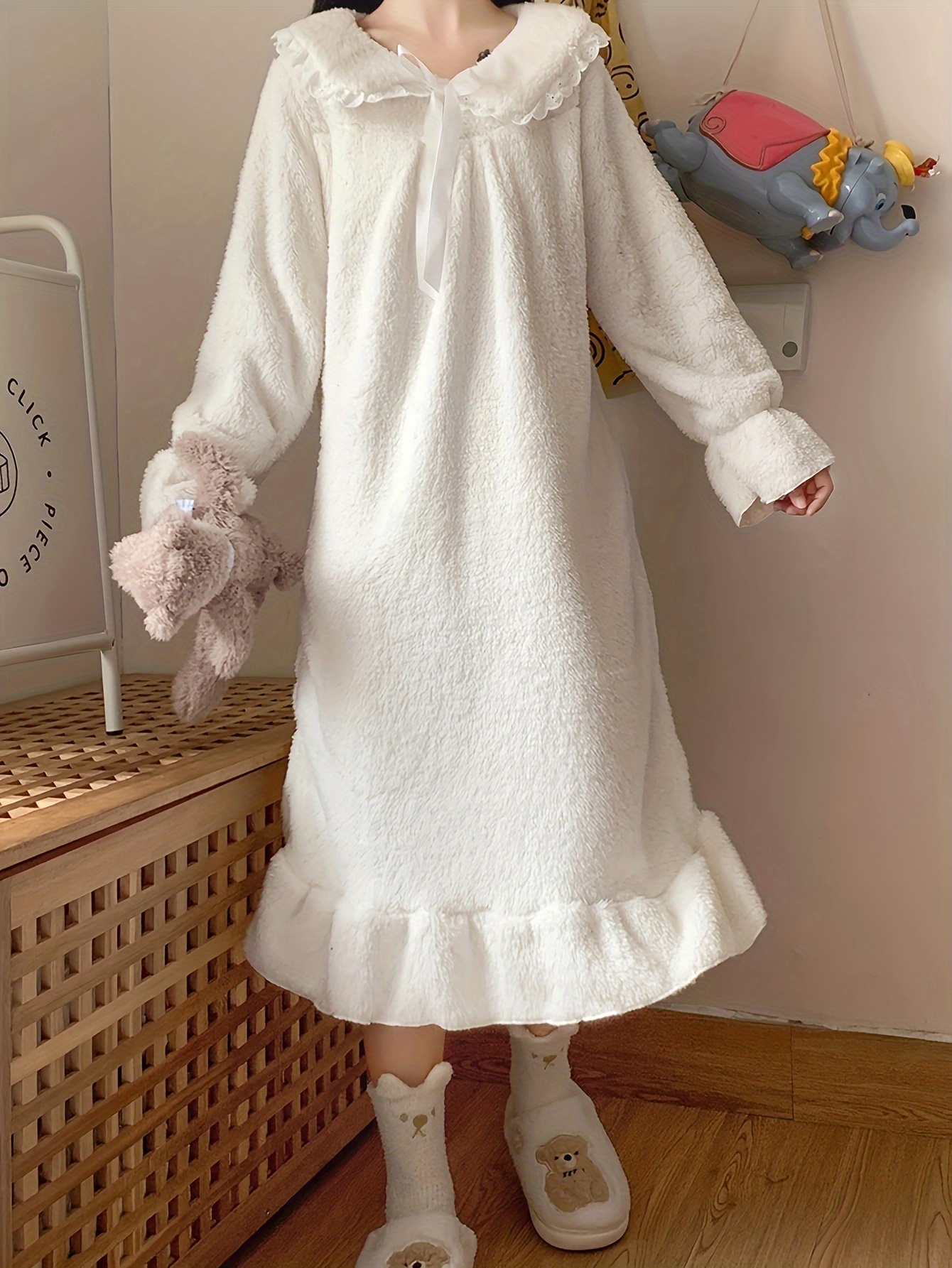 Solid Fuzzy Ruffle Nightdress Cute Long Sleeve Bow Pajama - Temu