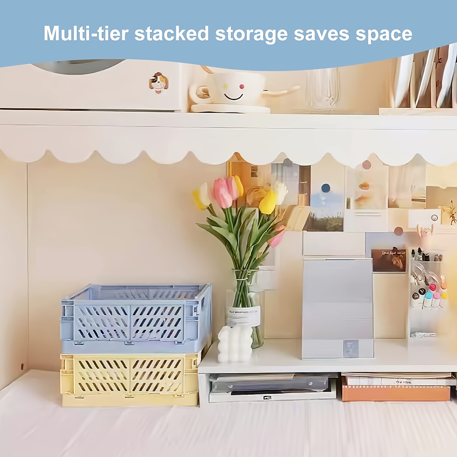 Mini Storage Baskets, 4 Pcs Plastic Foldable Storage Baskets Stackable  Small Desktop Organizer