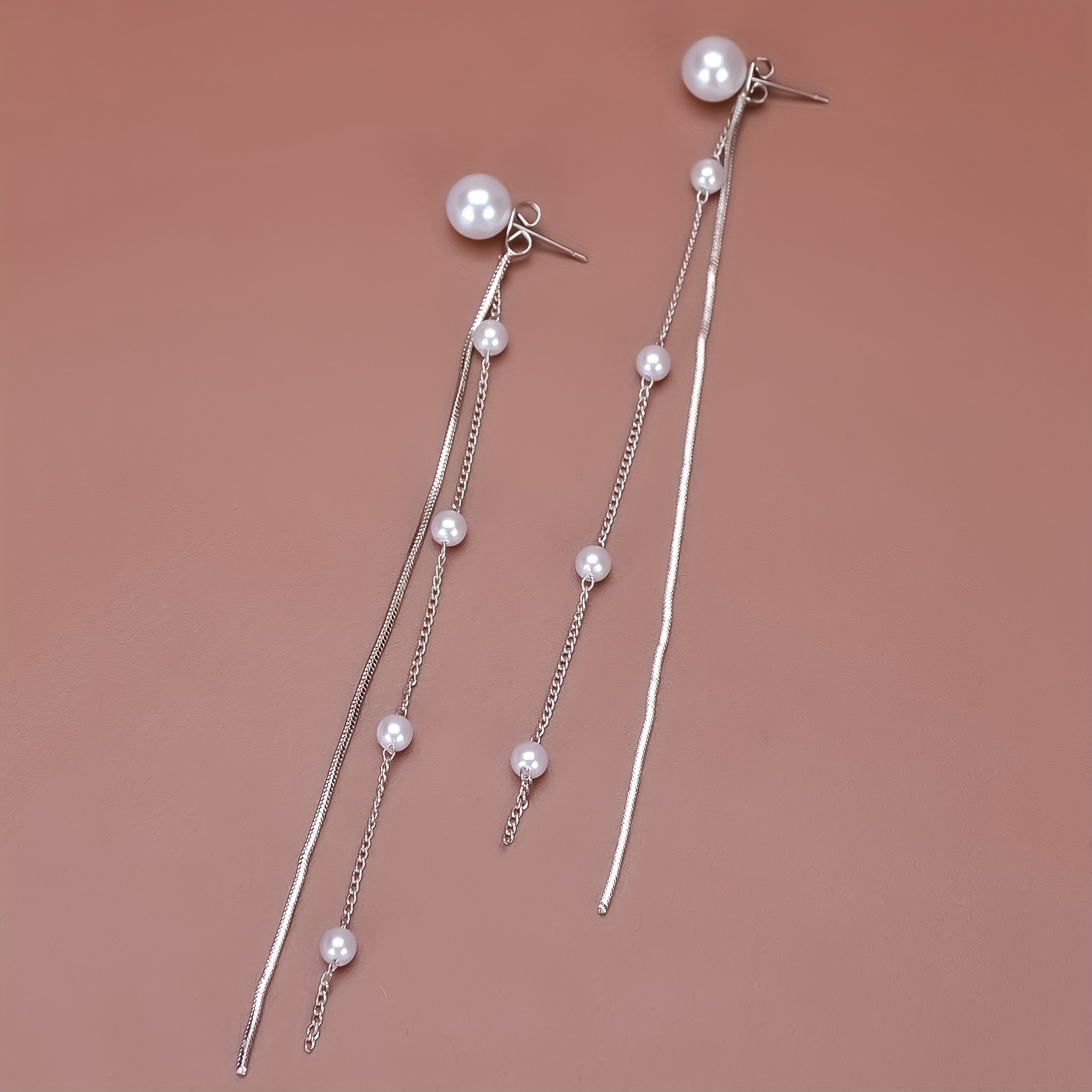 Long Dangle Earrings with Faux Pearl Decor