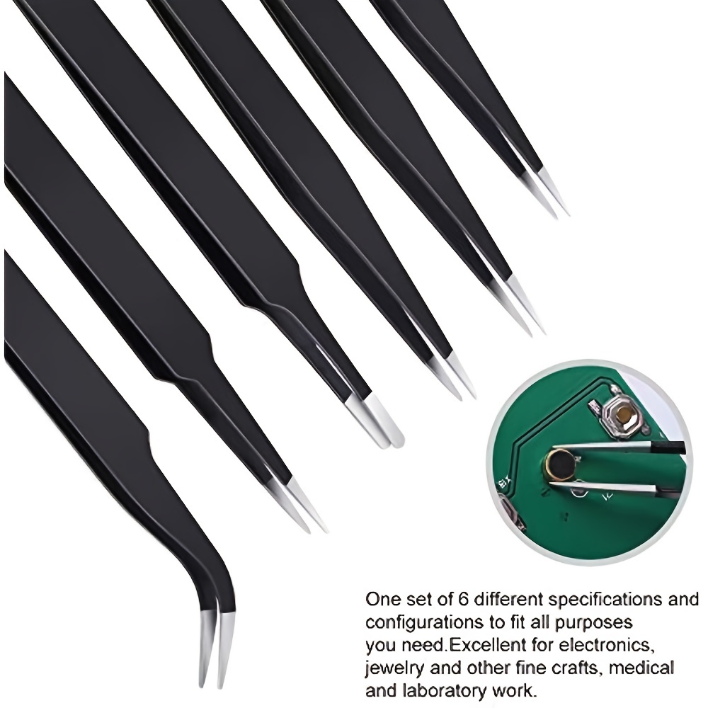 Set of 6 Black Stainless Steel Tweezers for Sewing and Crafts