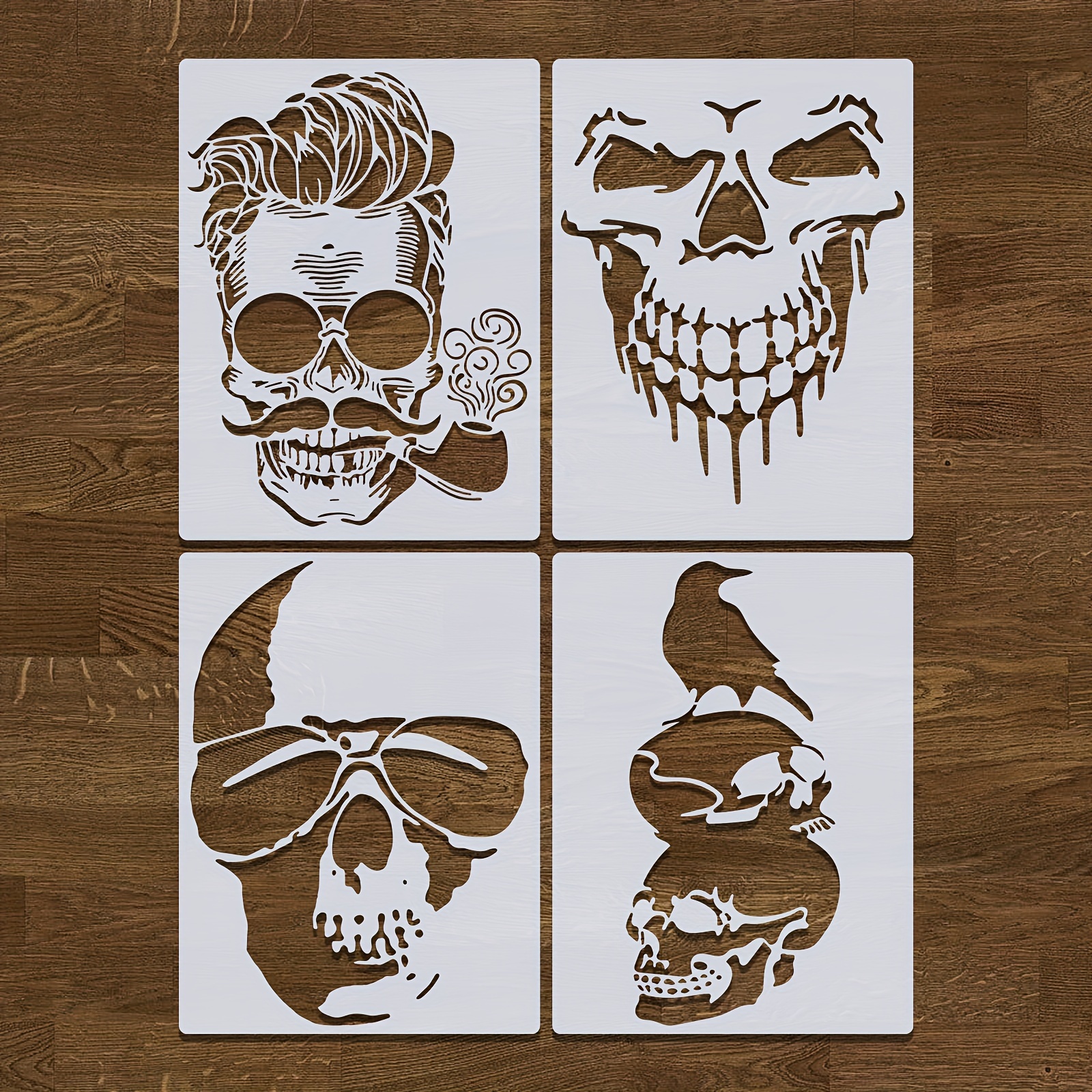 Airbrush Skull Fire Flame Stencil Set (Skull Design #1 in 3 Scale Sizes) -  Laser Cut Reusable Templates - Auto 