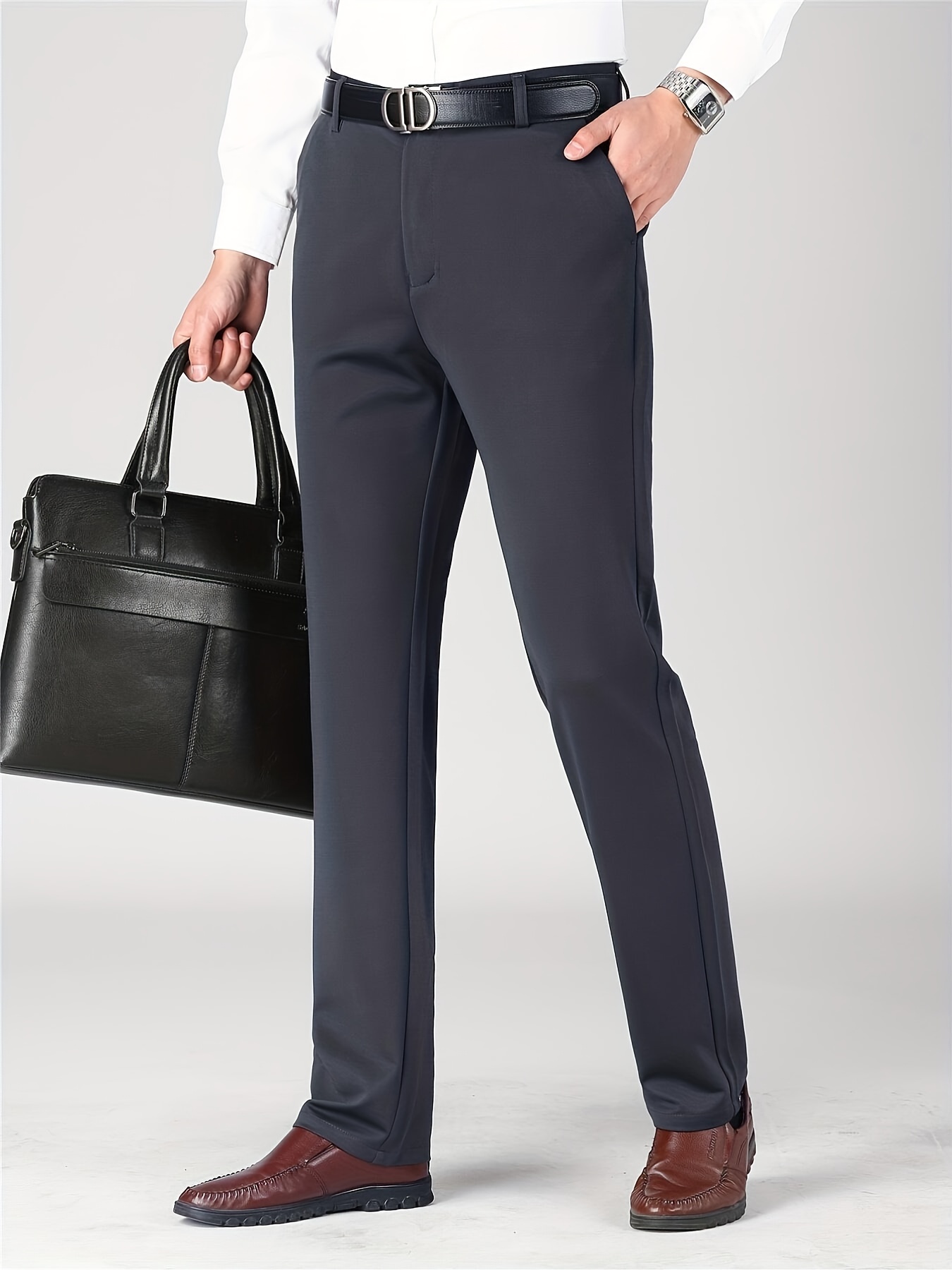 Classic Design Dress Pants Men's Formal Solid Color Stretch - Temu Canada