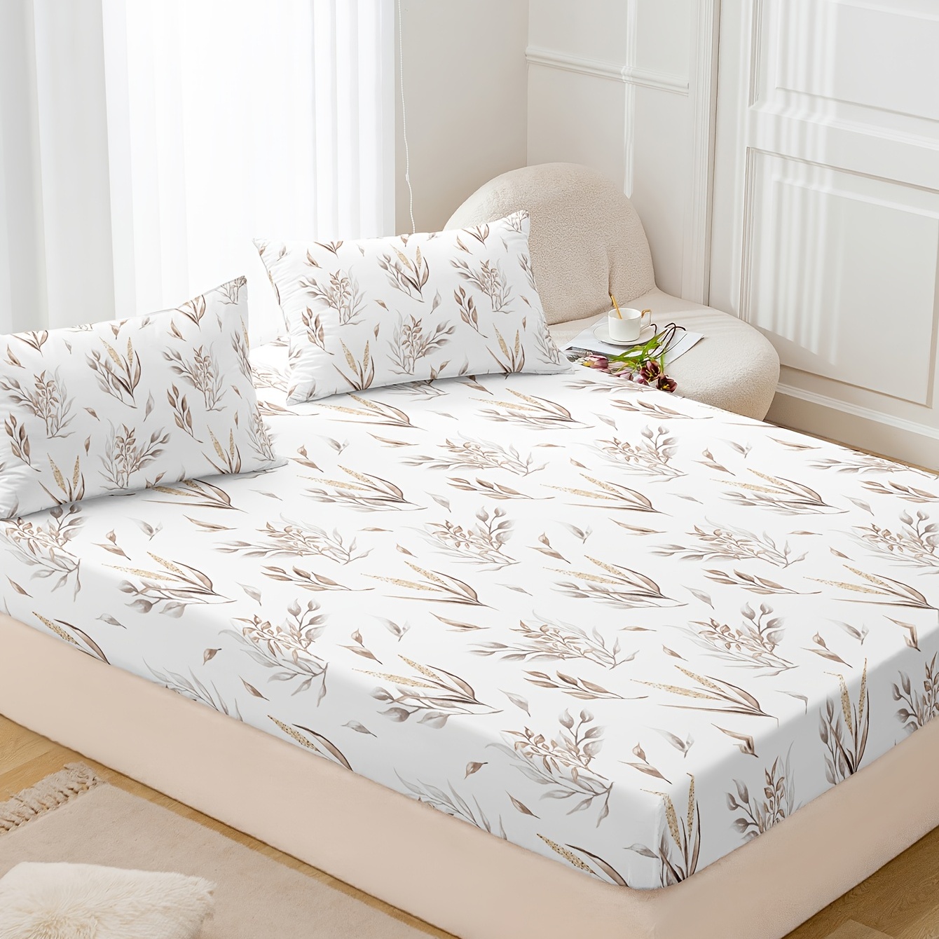 Plant Printed Fitted Sheet Set Soft And Breathable Bedding - Temu