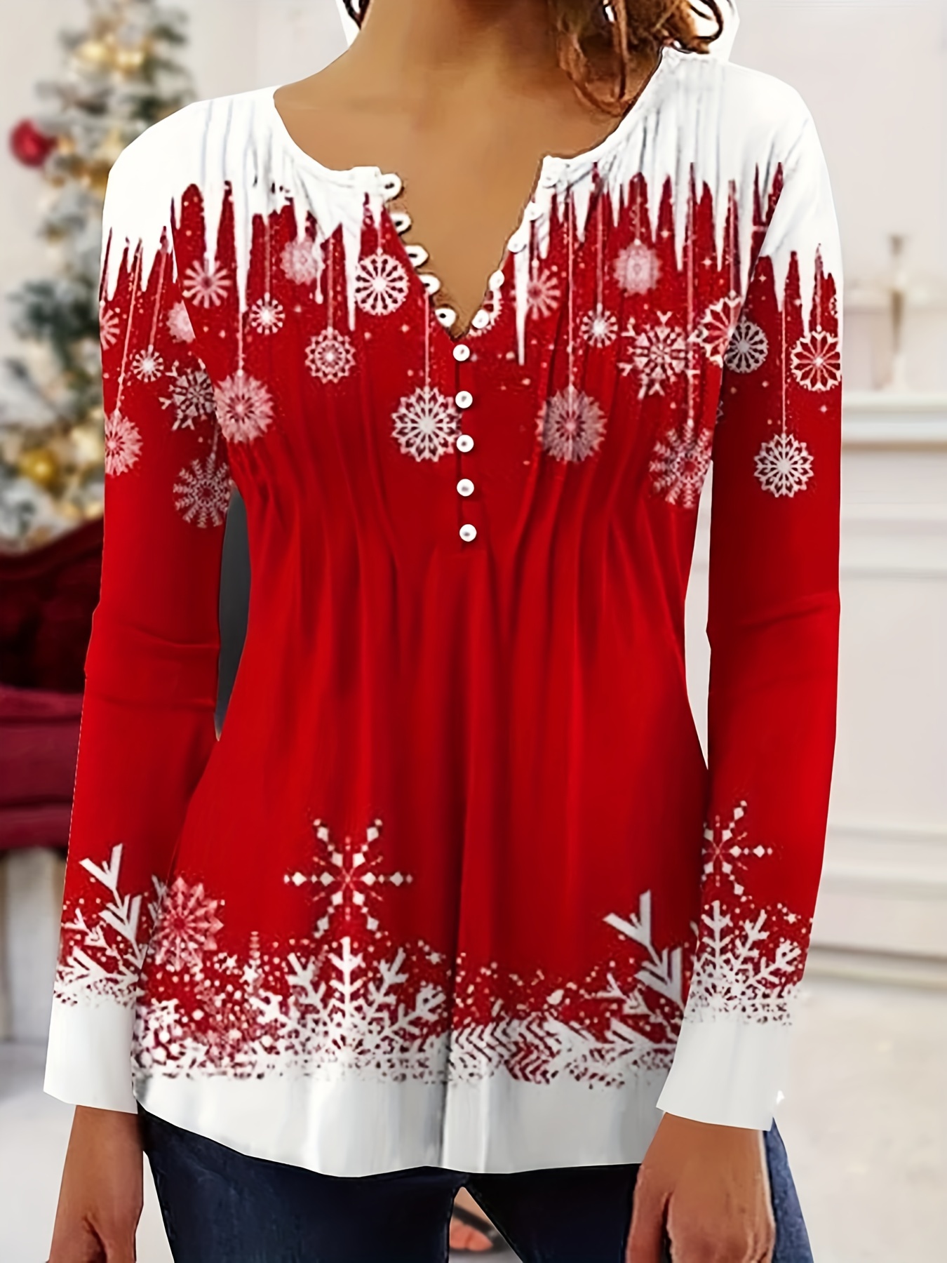 Snowflake Print Christmas Pajama Set Long Sleeve Crew Neck - Temu