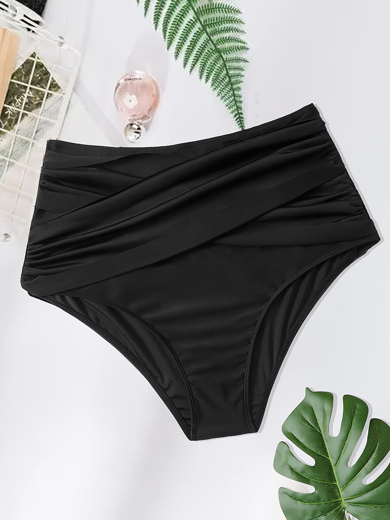 High Waist Solid Black Swimsuit Bottoms Stretchy Tummy - Temu