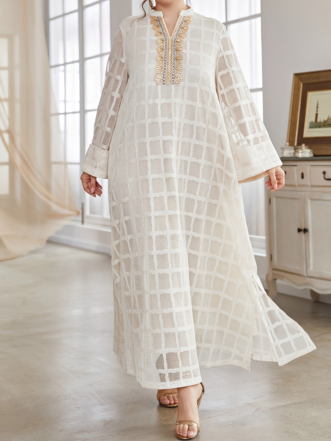 Windowpane V Neck Maxi Dress, Elegant Long Sleeve Kaftan Dress, Women's  Clothing