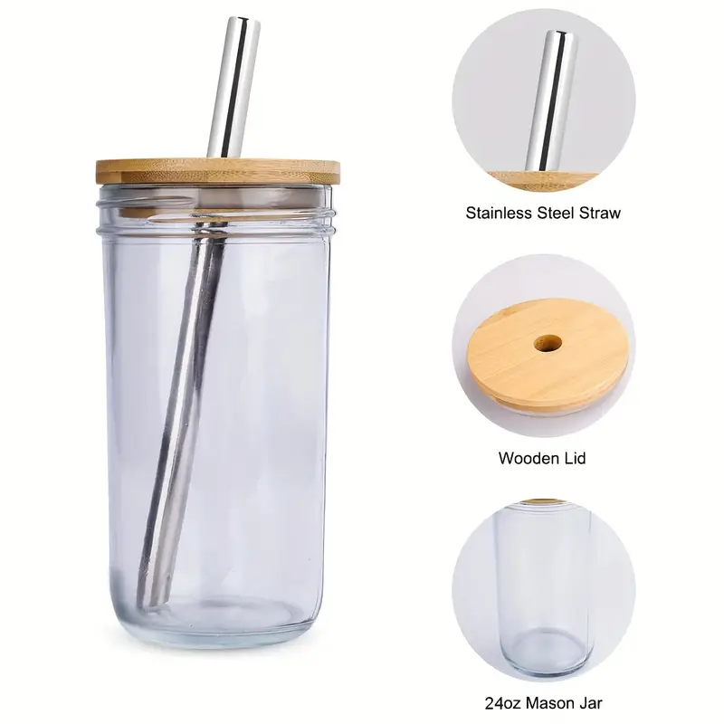 2pcs, Iced Coffee Cups With Lids And Stainless Steel Straws, 24oz/730ml,  Mason Jar Glass Tumbler, Reusable Boba Cups, Iced Coffee Drinking Glasses  For