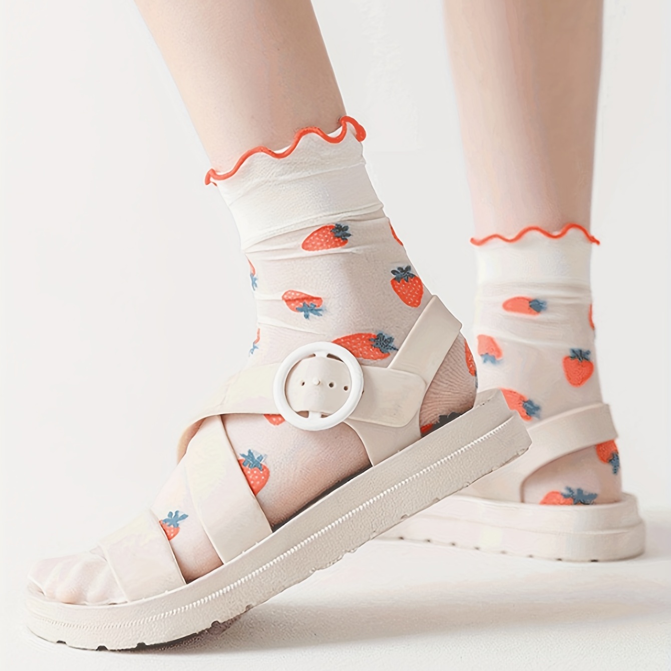 Women Fashion Transparent Socks Cute Floral Fruit Pattern Mesh Short Ankle  Socks